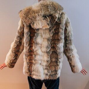 Coyote Genuine Fur Coat Vintage Luxury Canada Arctic Pockets Zip Up Hooded VG